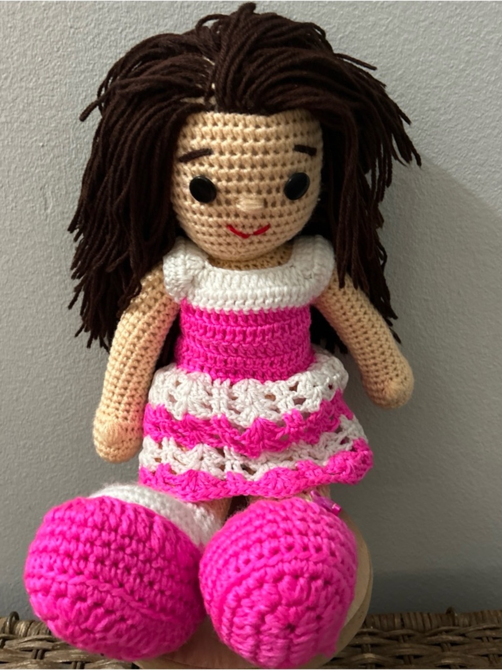 Handmade Crotchet 15” Doll With Brown Hair Pink N White Dress Shoes Amigurumi